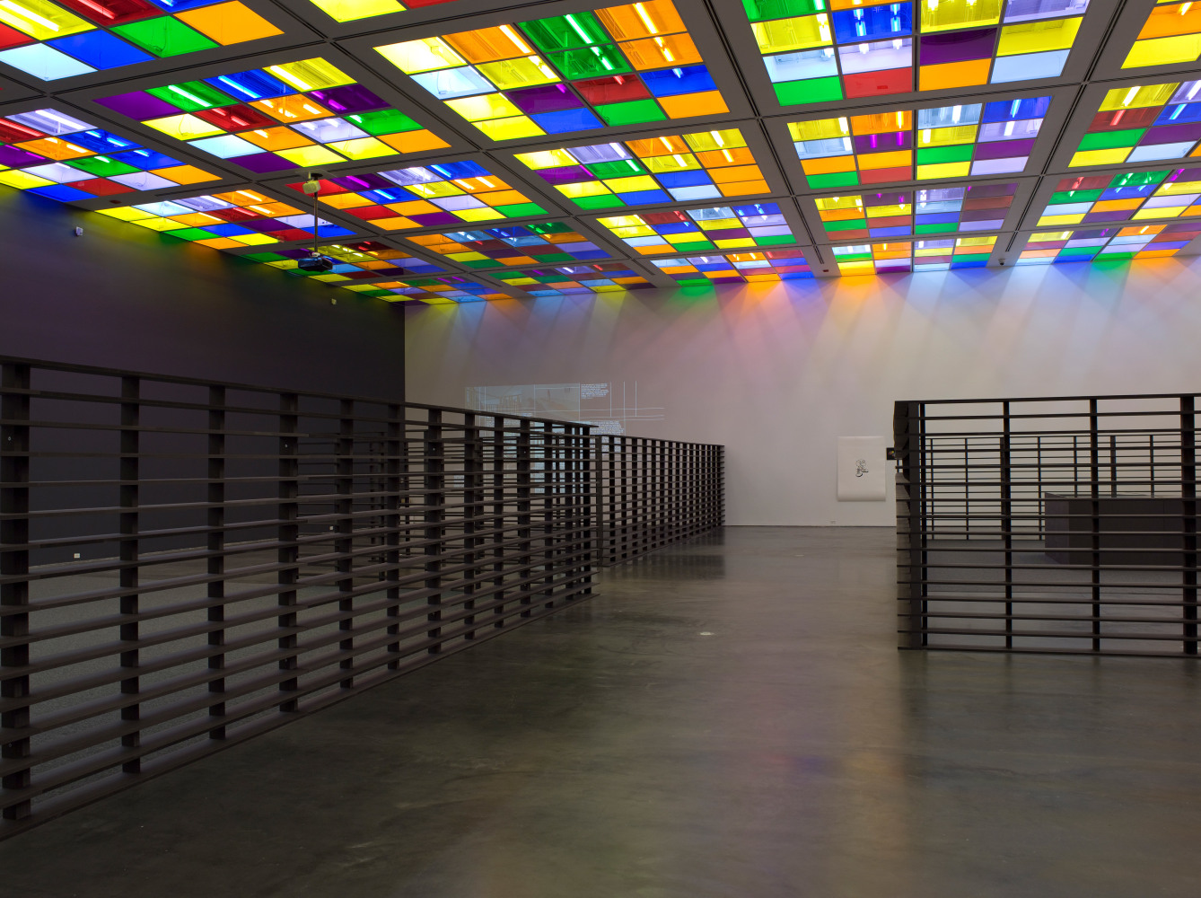 Installation view of sculptures and light installations by Liam Gillick
