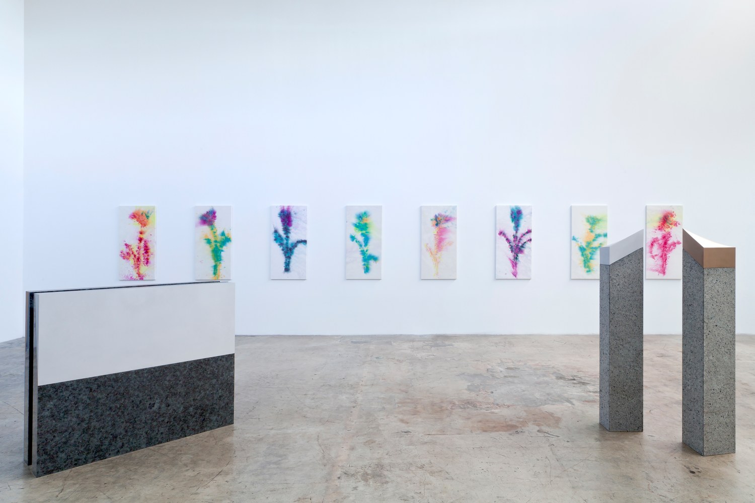Installation view of paintings and sculptures by Sam Falls