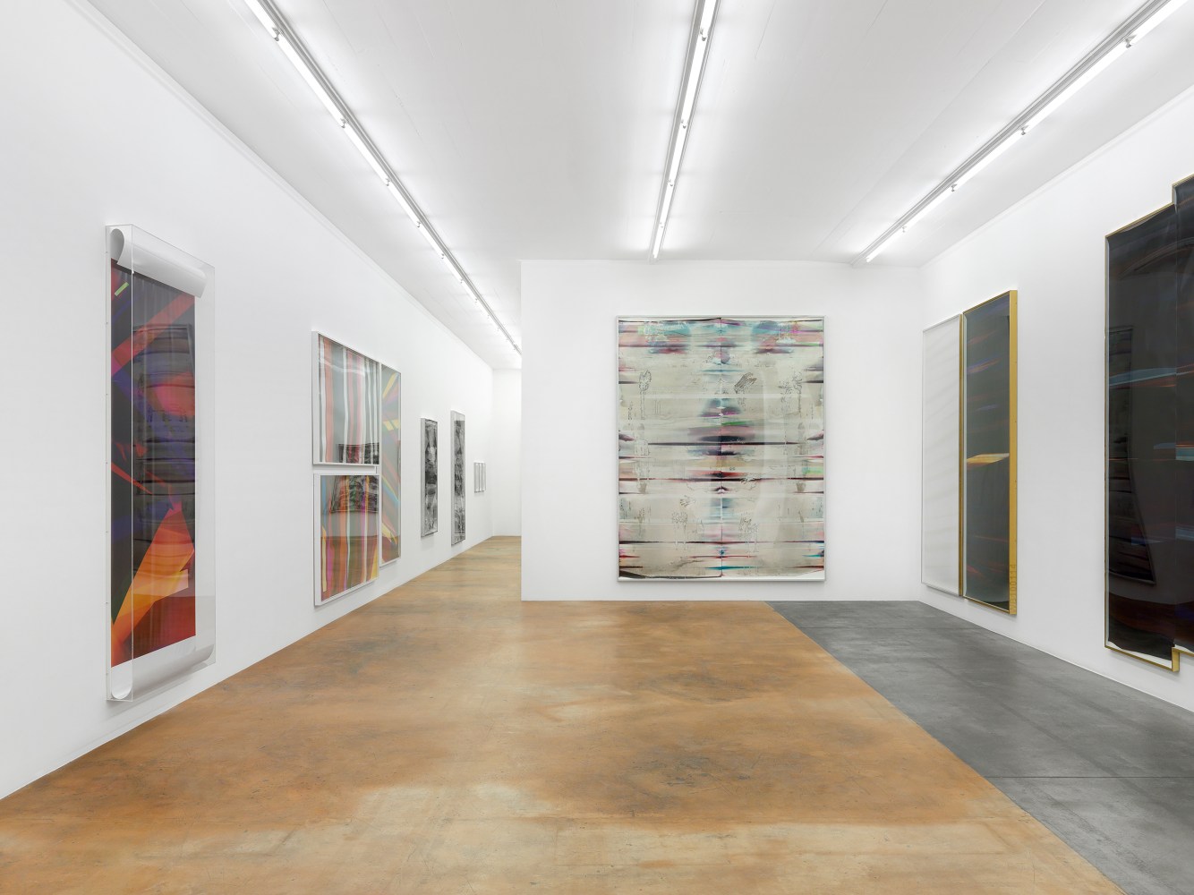 Installation view of wall works by Walead Beshty