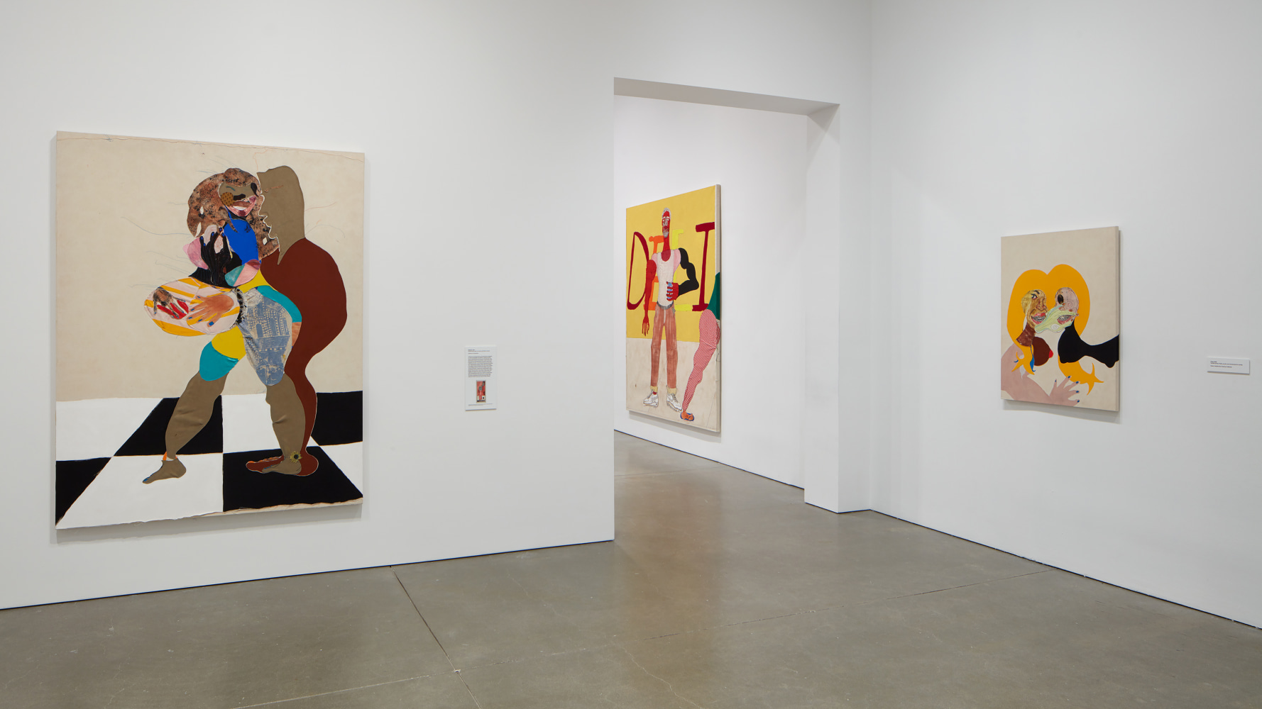 Installation view of paintings and sculptures by Tschabalala Self