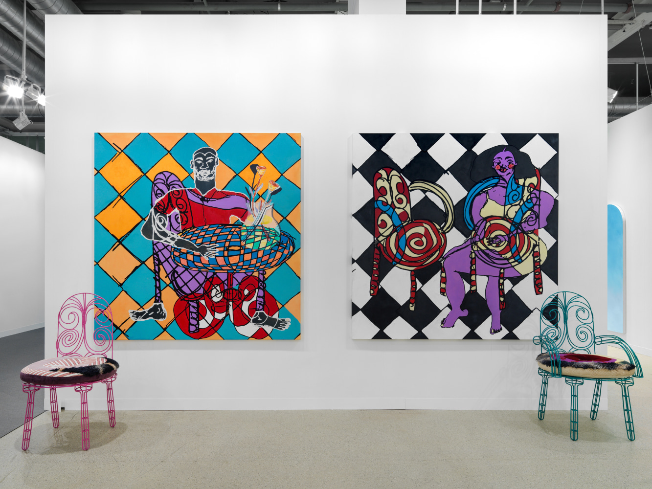 installation view of paintings and sculptures by various artists