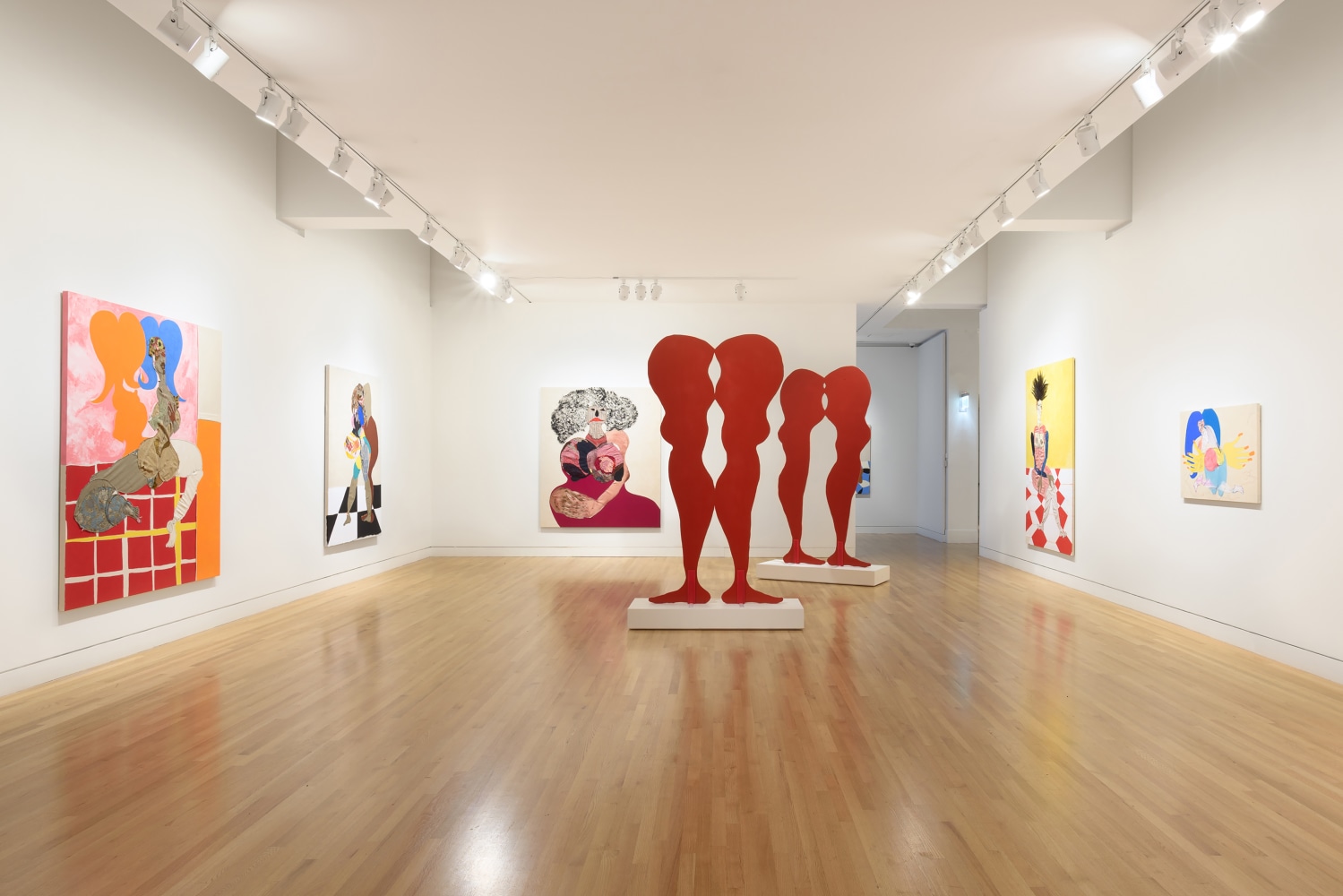 Installation view of paintings and sculptures by Tschabalala Self