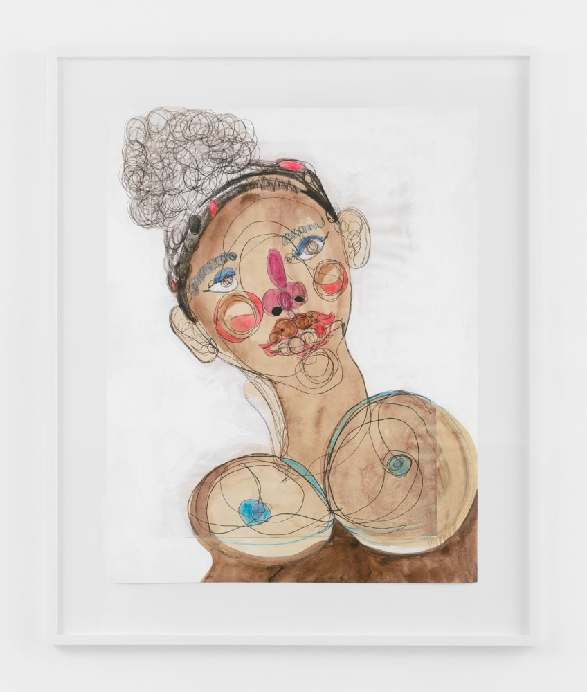 BLACK FACE WITH CUTE ALL BROWN  2020  Colored pencil, acrylic paint, gouache, charcoal, graphite, on archival inkjet print  Unique  Sheet 91.5 x 71 cm / 36 x 28 inches  Frame 114.5 x 79.5 x 4 cm / 45 x 31 1/4 x 1 1/2 inches