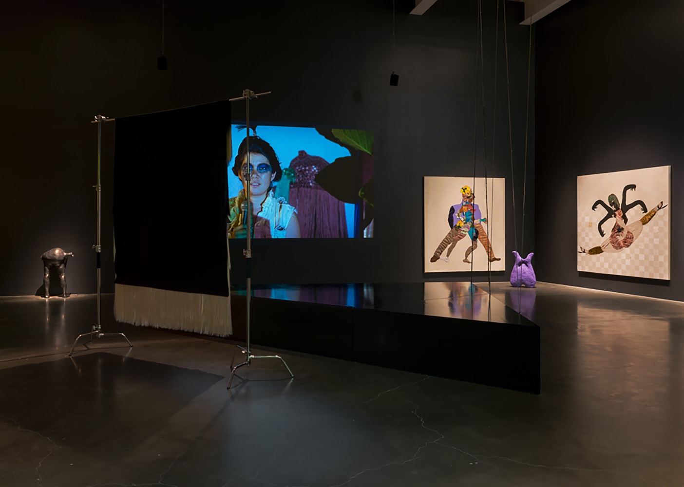 Installation view of paintings and sculptures by Tschabalala Self