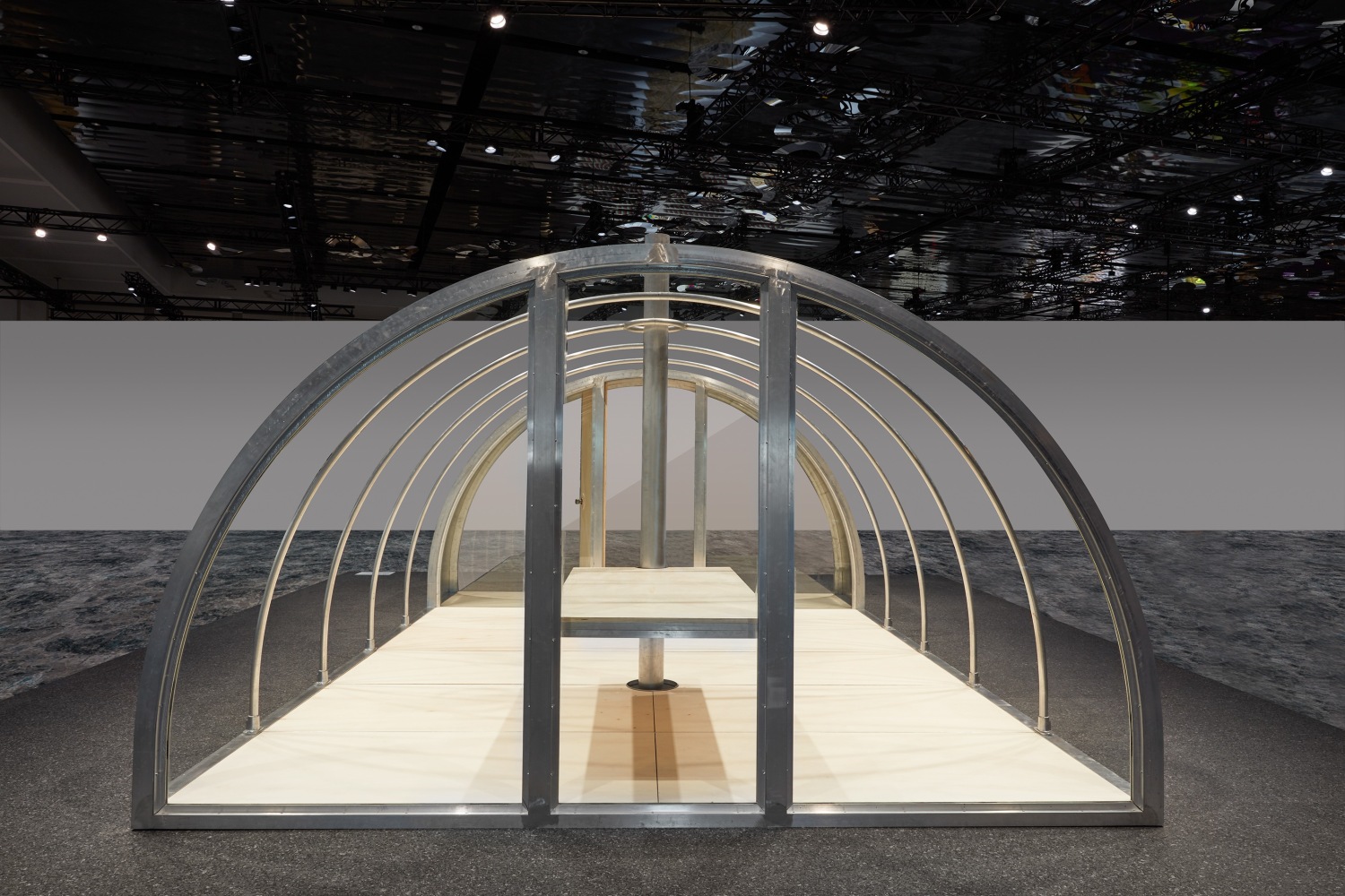 Installation view, Oscar Tuazon, Quonset Tent, Meridians, Art Basel Miami Beach, 2019