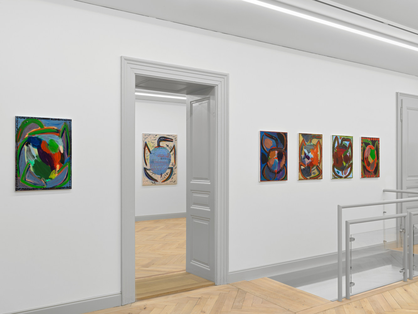 Installation view of Josh Smith paintings, monotypes, and ceramics exhibition