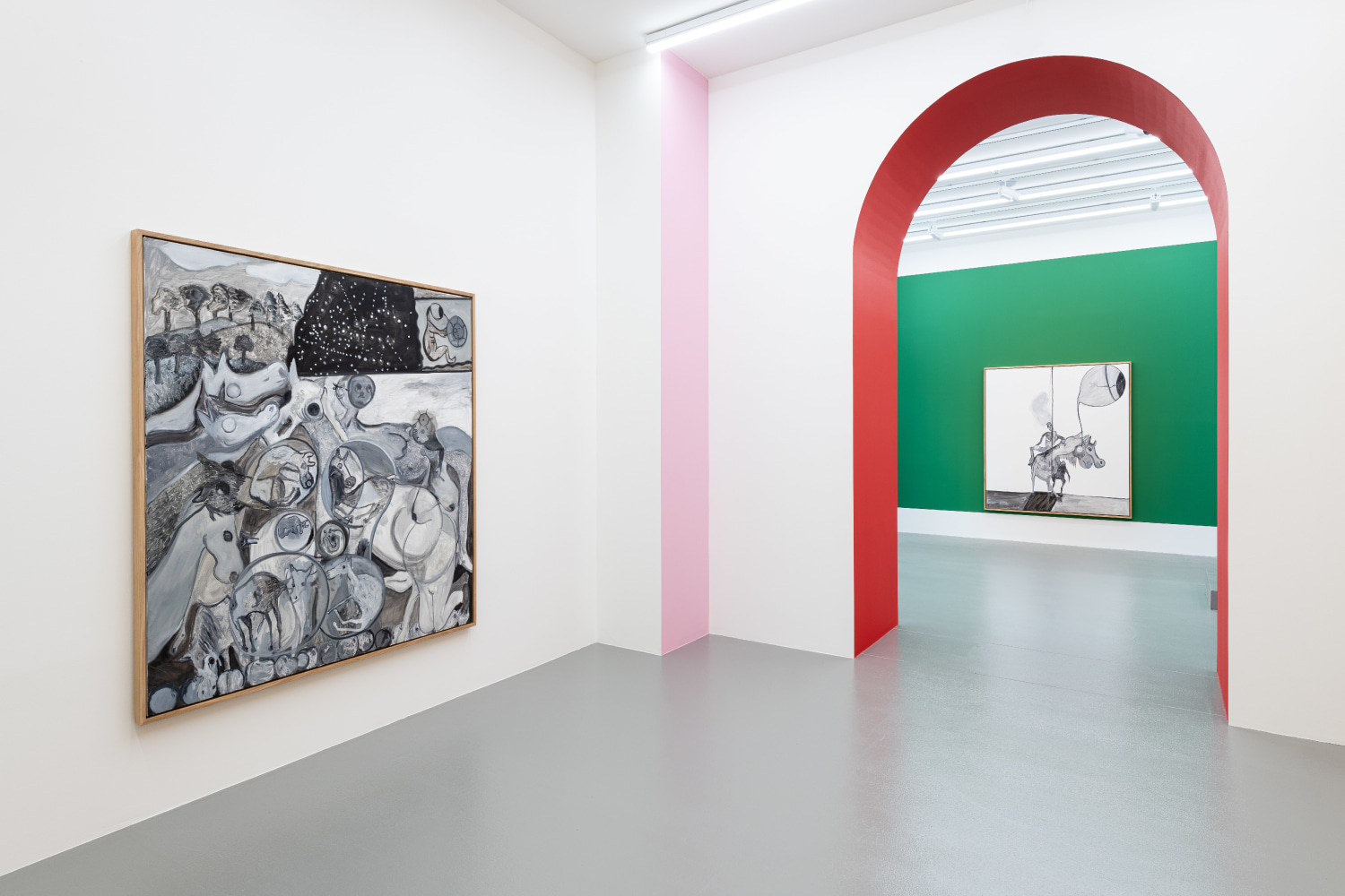 Installation view of paintings by Tobias Pils and wall paintings by Gerwald Rockenschaub