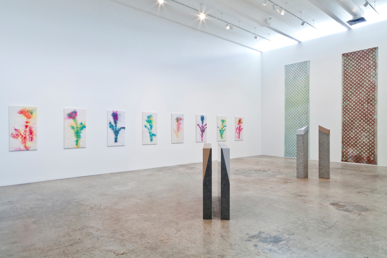 Installation view of paintings and sculptures by Sam Falls