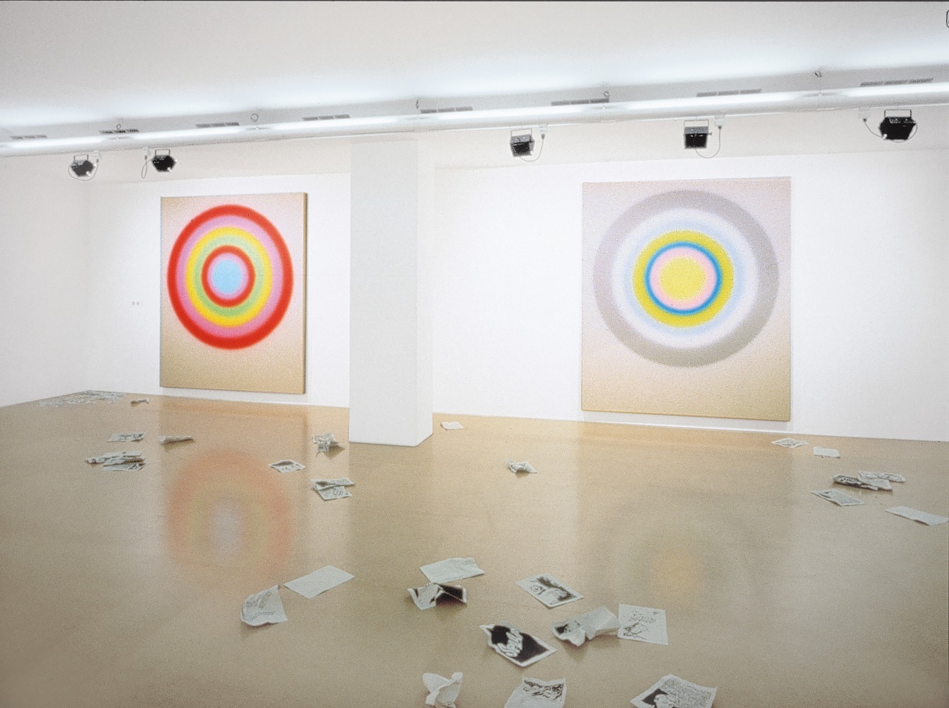 Installation view of paintings and sculptures by Ugo Rondinone