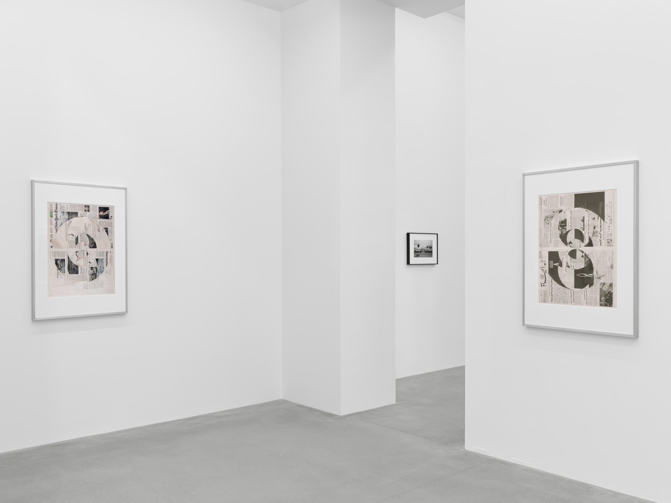 Installation view of Walead Beshty collage, photography, and sculpture exhibition