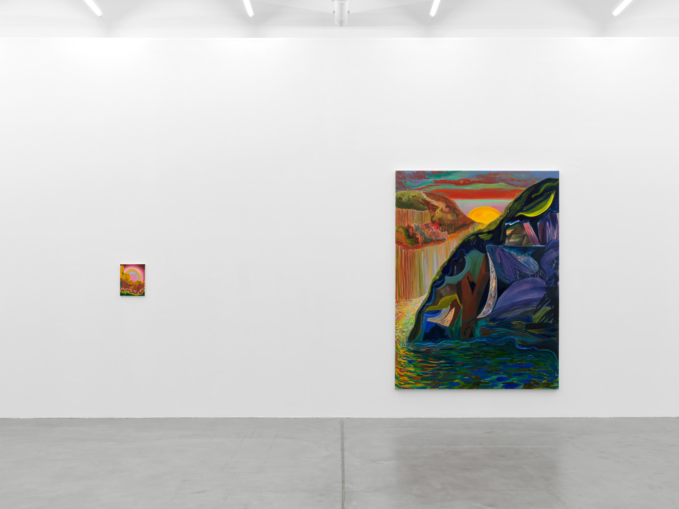Installation view of Shara Hughes paintings