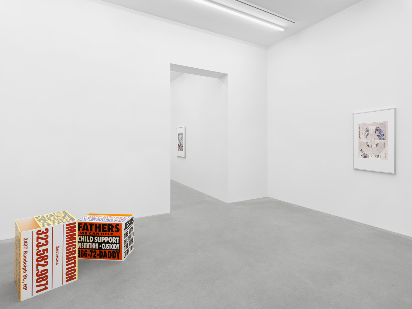 Installation view of Walead Beshty collage, photography, and sculpture exhibition