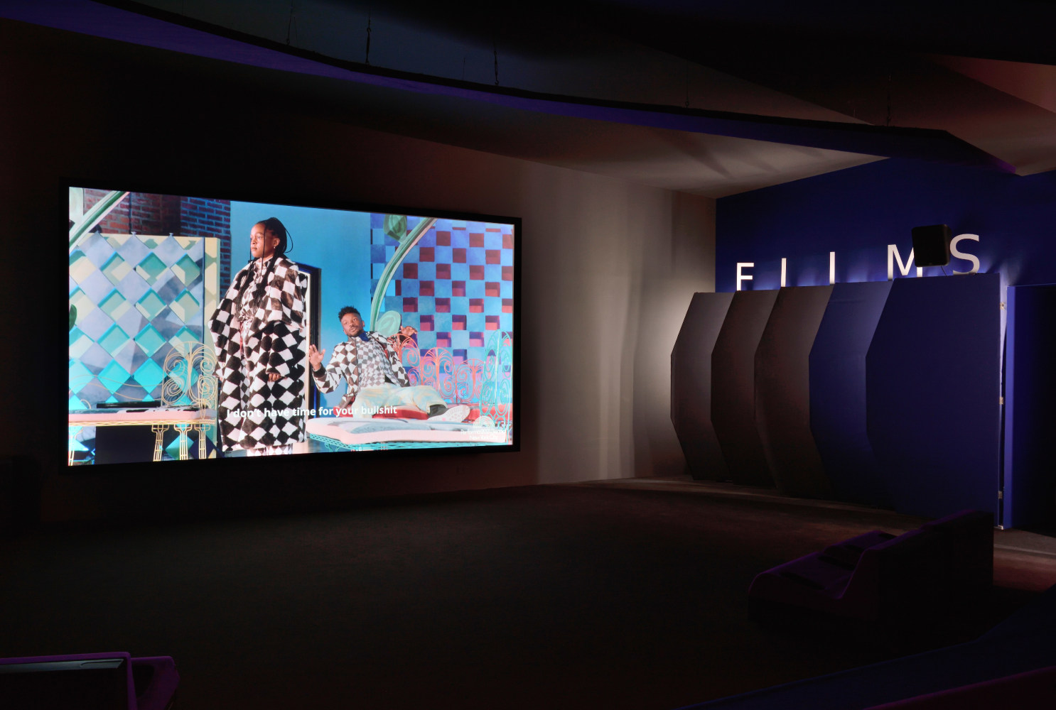 Installation view of a video screening by Tschabalala Self