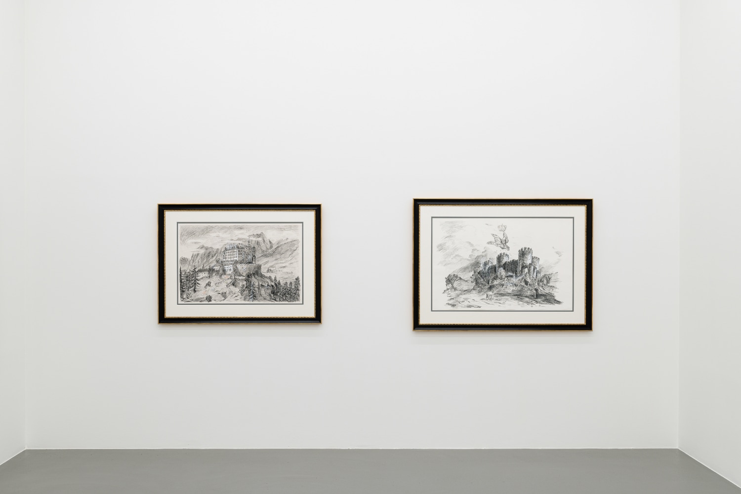 installation view of drawings and paintings by Karen Kilimnik