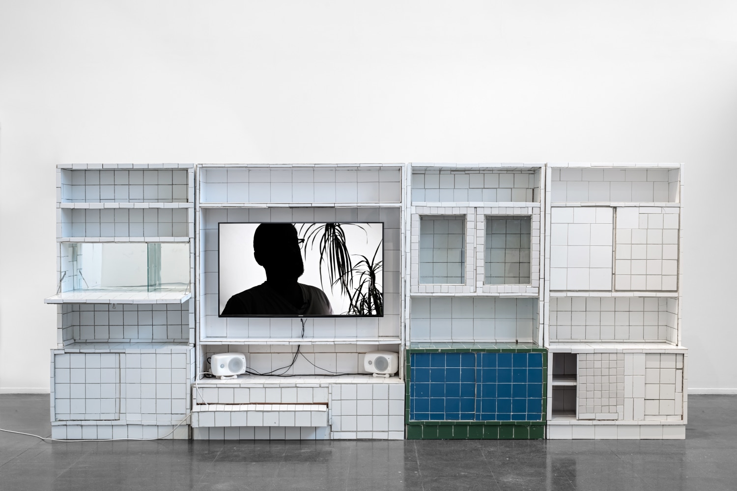 Indoor view of sculptural film installation by Matias Faldbakken