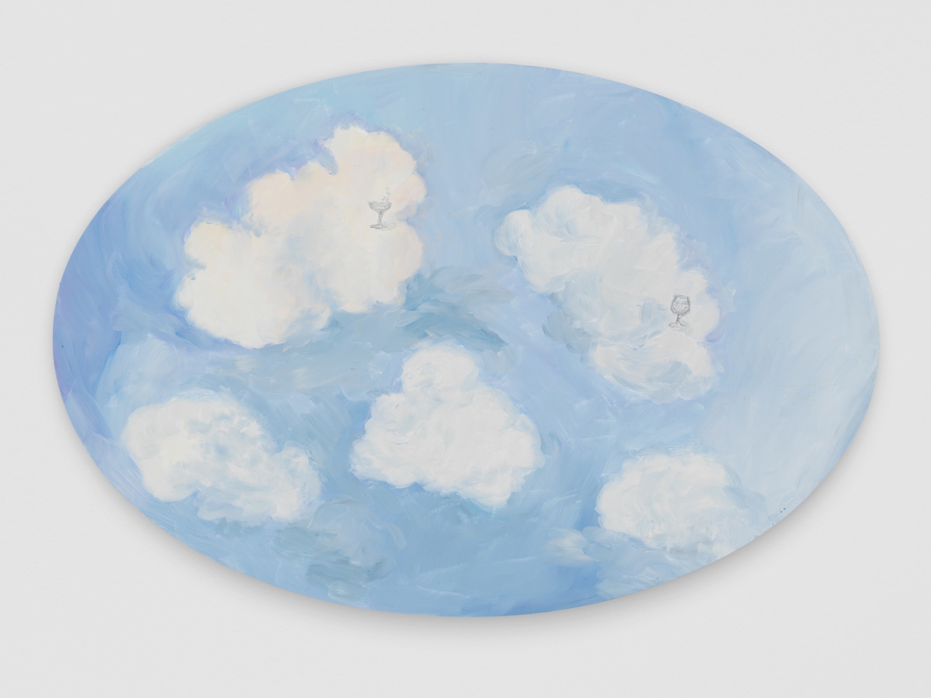 painting of white clouds on a light blue sky on an oval canvas by Karen Kilimnik