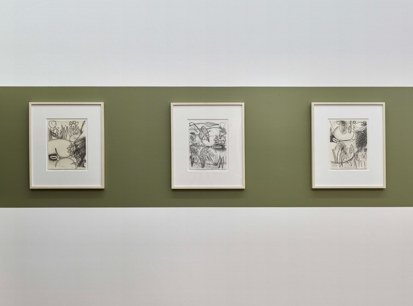 Installation view of drawings by Carroll Dunham