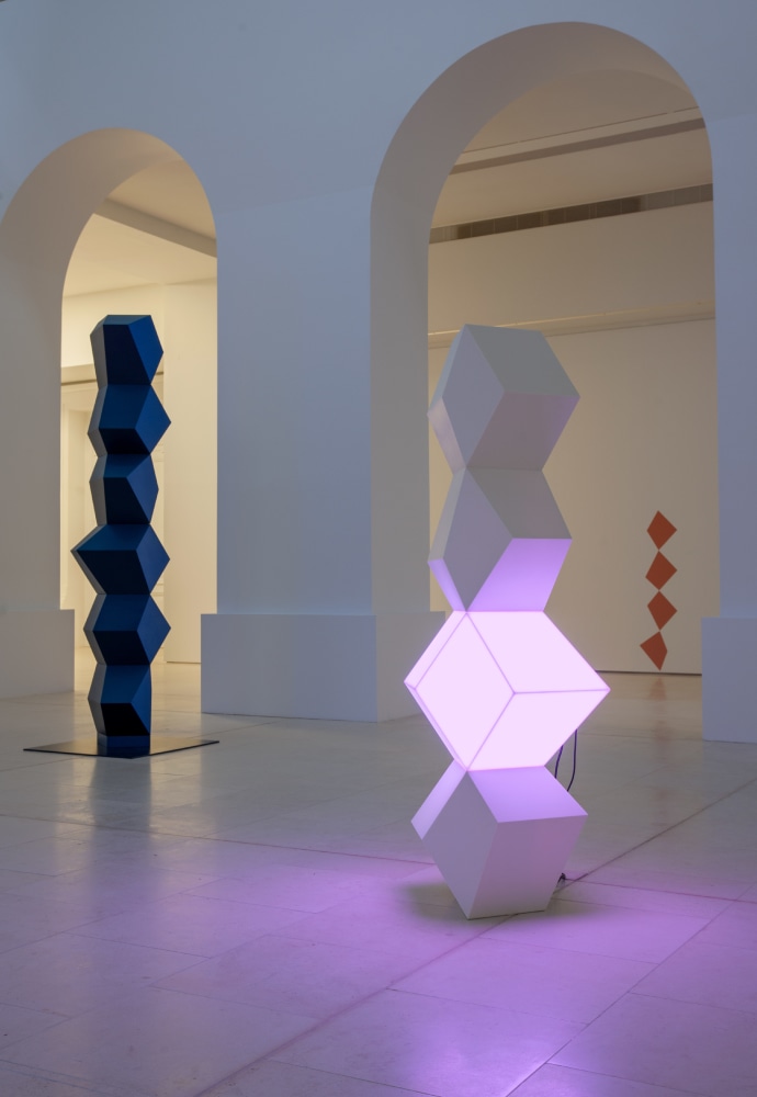 Installation view of sculptures and painting by Angela Bulloch