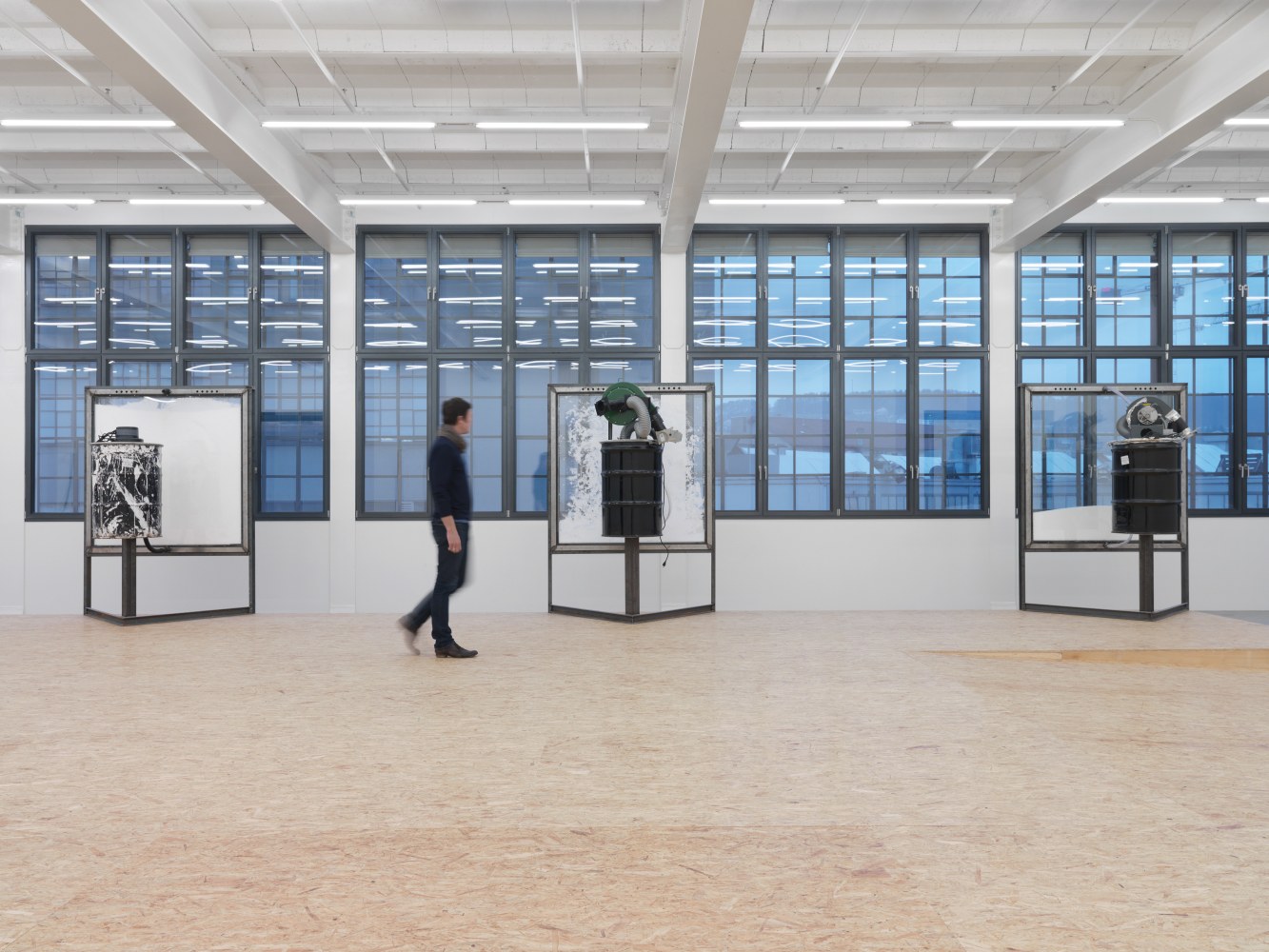 Installation view of Oscar Tuazon sculptures and floor installation exhibition