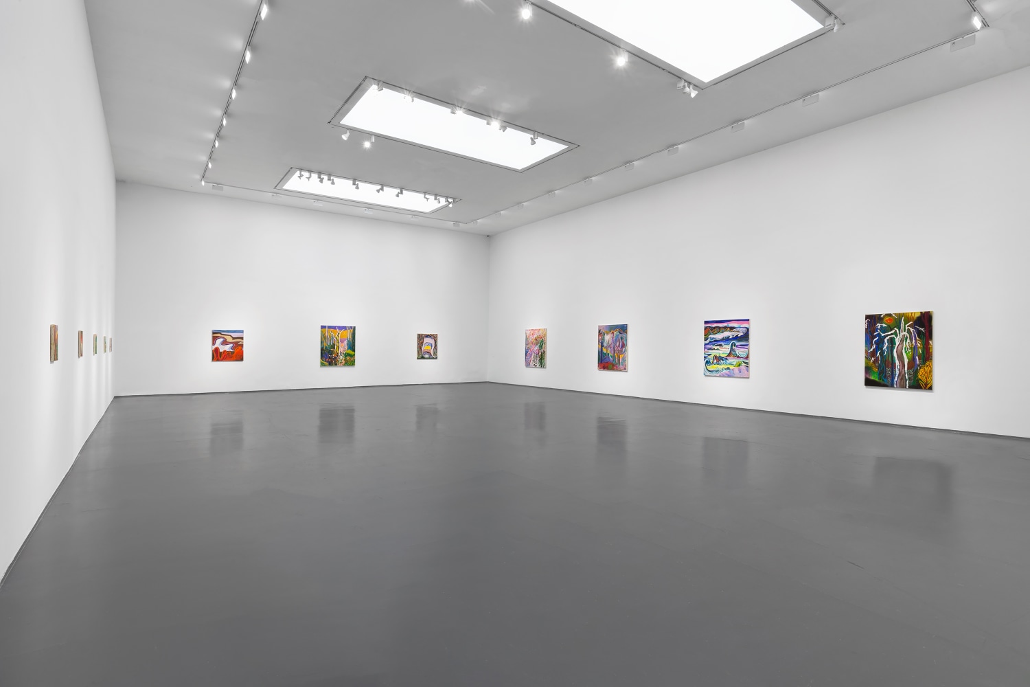 Installation view of paintings by Shara Hughes