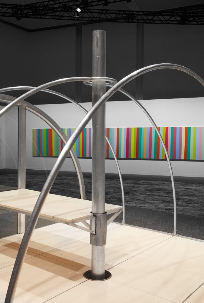 Installation view, Oscar Tuazon, Quonset Tent, Meridians, Art Basel Miami Beach, 2019