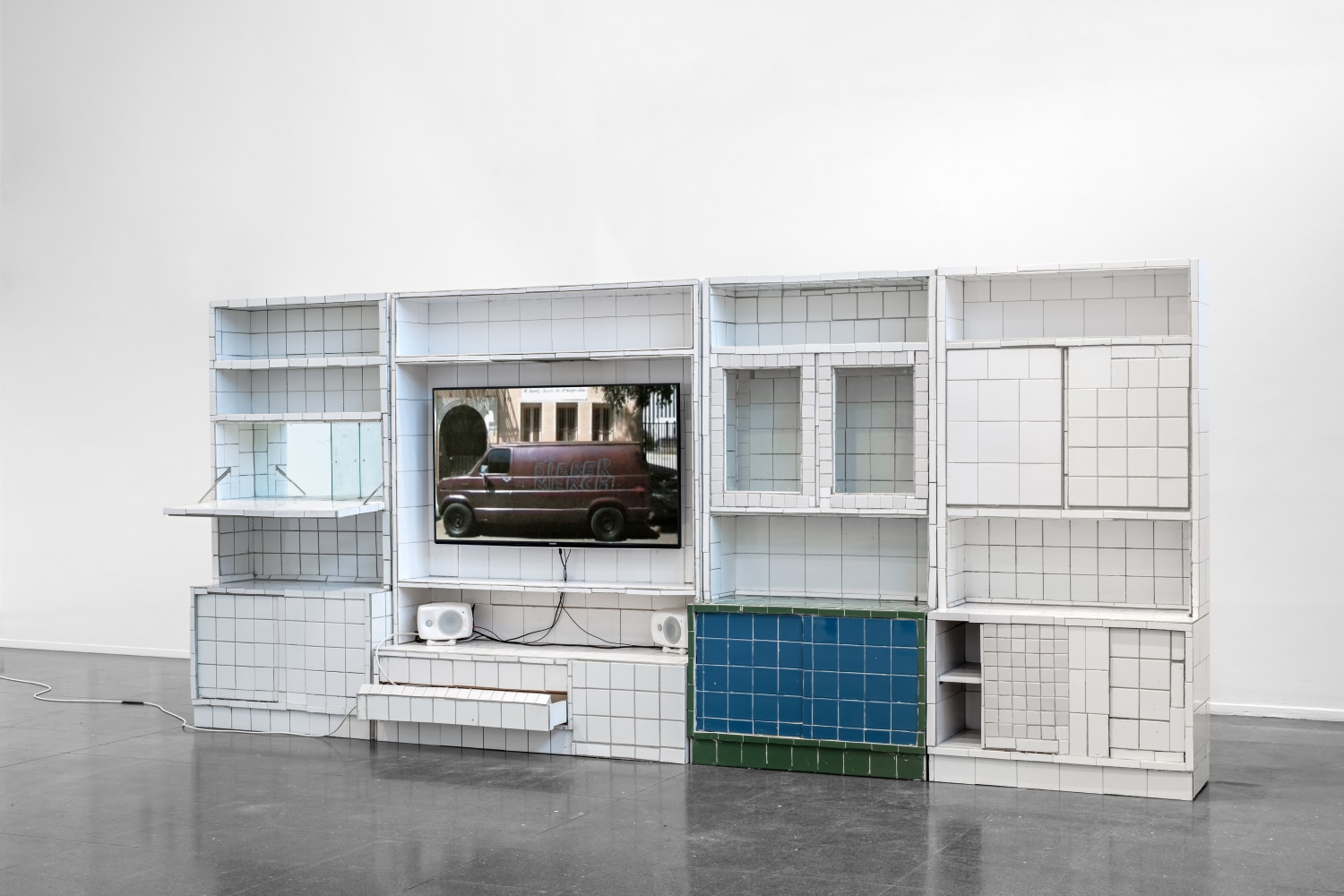 Indoor view of sculptural film installation by Matias Faldbakken