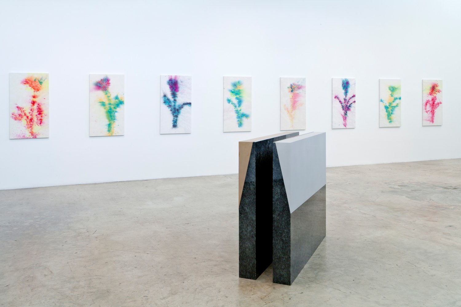 Installation view of paintings and sculptures by Sam Falls