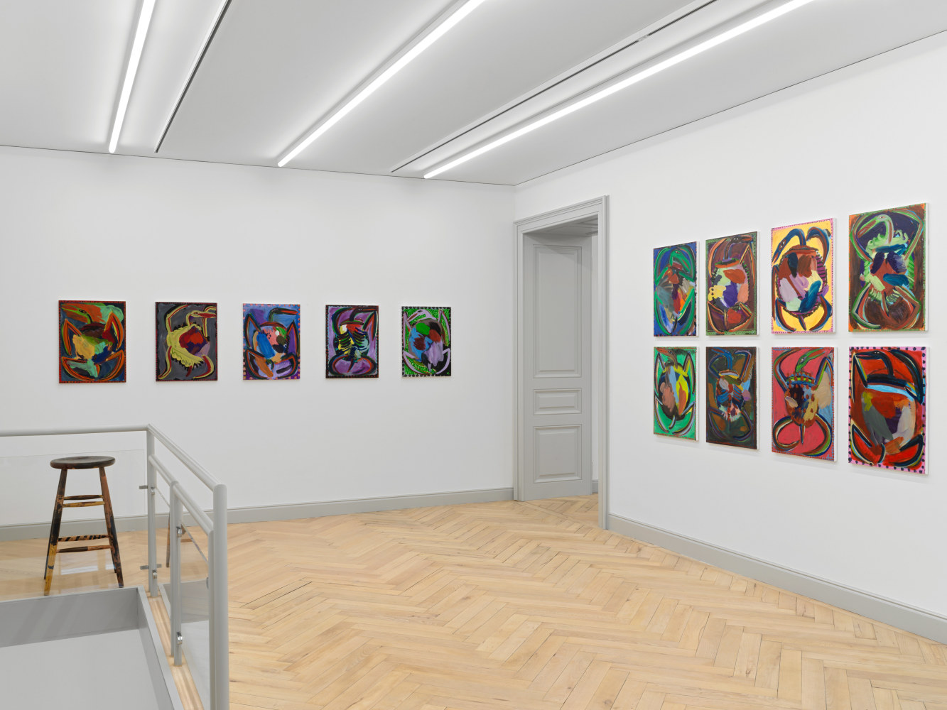 Installation view of Josh Smith paintings, monotypes, and ceramics exhibition