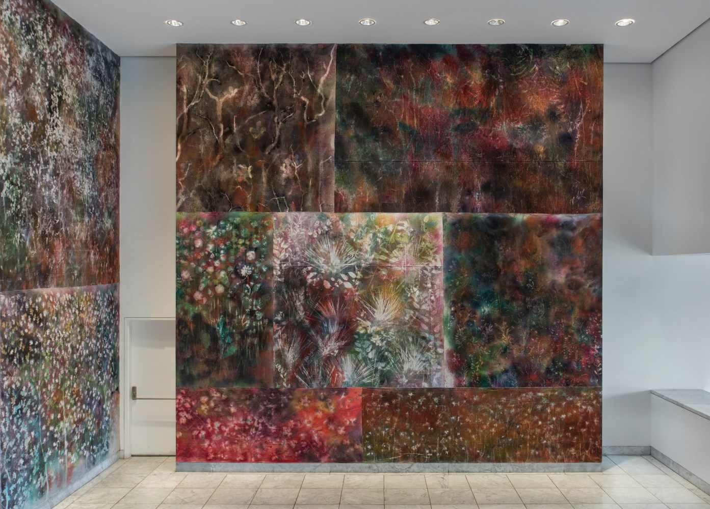 Installation view of paintings by Sam Falls