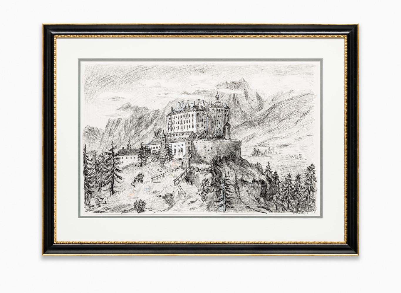 drawing of a castle in the hills by Karen Kilimnik