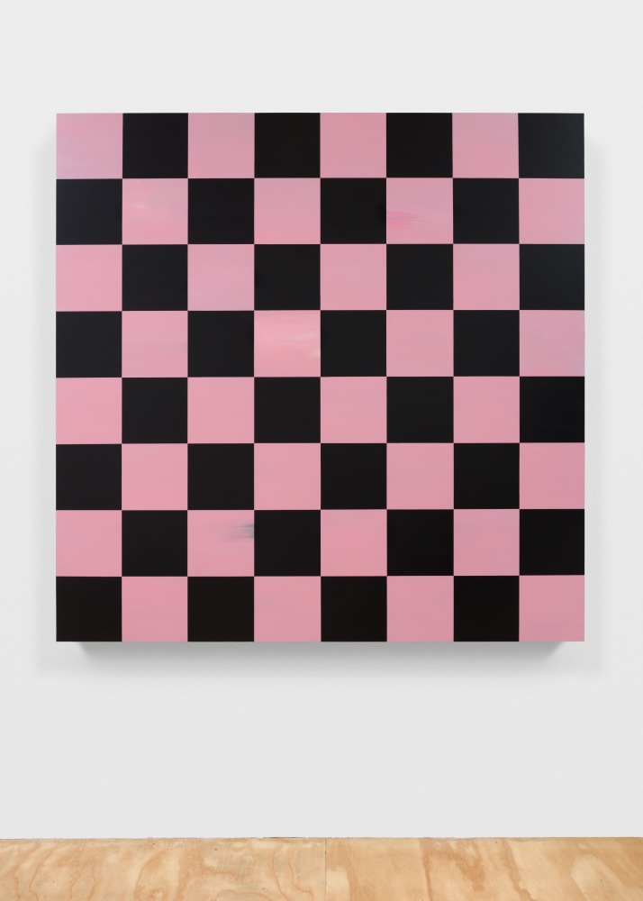 checkerboard painting in pink and black by Sarah Ortmeyer