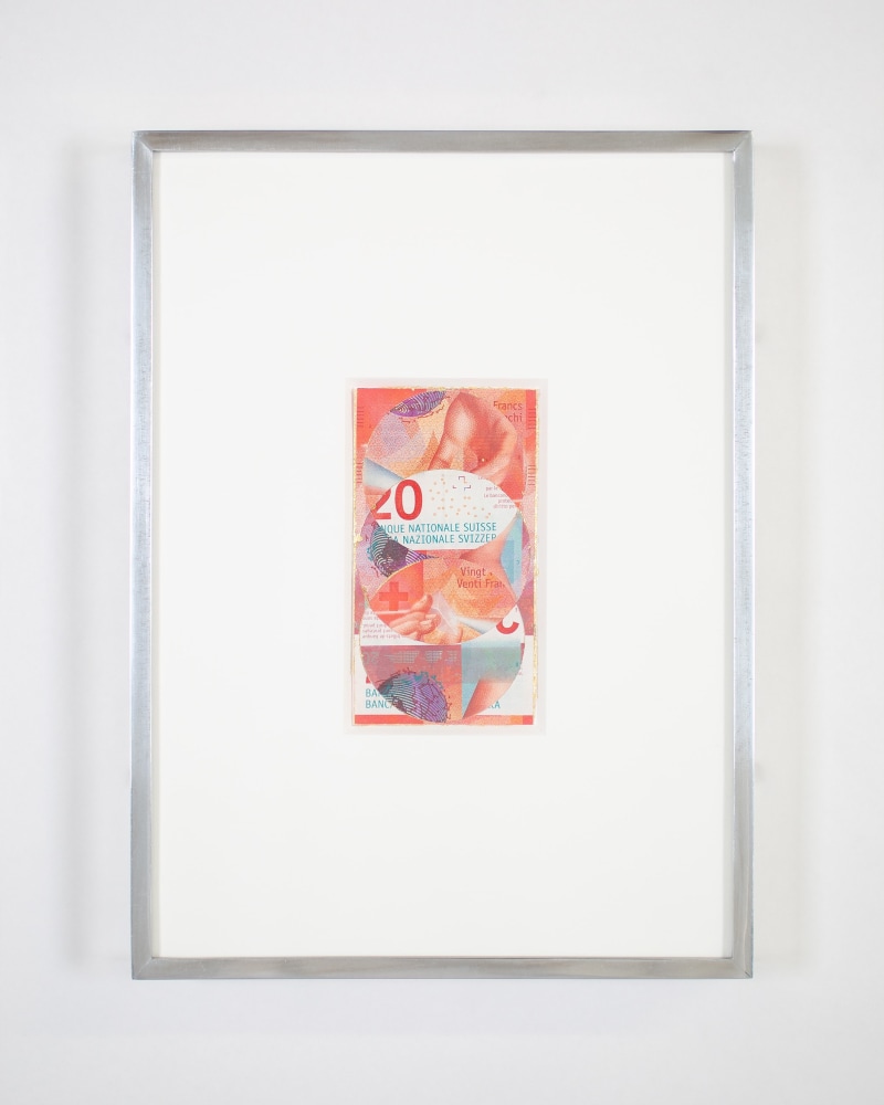 Blind Collage (Three 180&amp;deg; Rotations, Swiss National Bank Twenty- Franc Note: Series 2017, Issued by Banque Nationale Suisse, Printed in Z&amp;uuml;rich, Switzerland by Orell F&amp;uuml;ssli Security Printing Ltd., Designed by Manuela Pfrunder GMBH, Serial No. 15G6430522, #2)
2021
Swiss National Bank twenty-franc note, tape, and 22 karat gold leaf
Object 7 x 13 cm / 2 3/4 x 5 1/8 inches
Frame 24 x 32.5 cm / 9 1/2 x 12 7/8 inches
BESHT48261