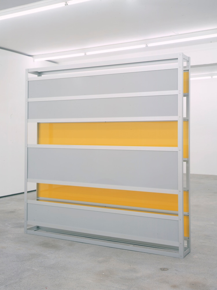 Sculpture by Liam Gillick, Waldish Screen # 2 2001 Anodized aluminum, plexiglas 240 x 240 x 30 cm / 94 1/2 x 94 1/2 x 11 3/4 in