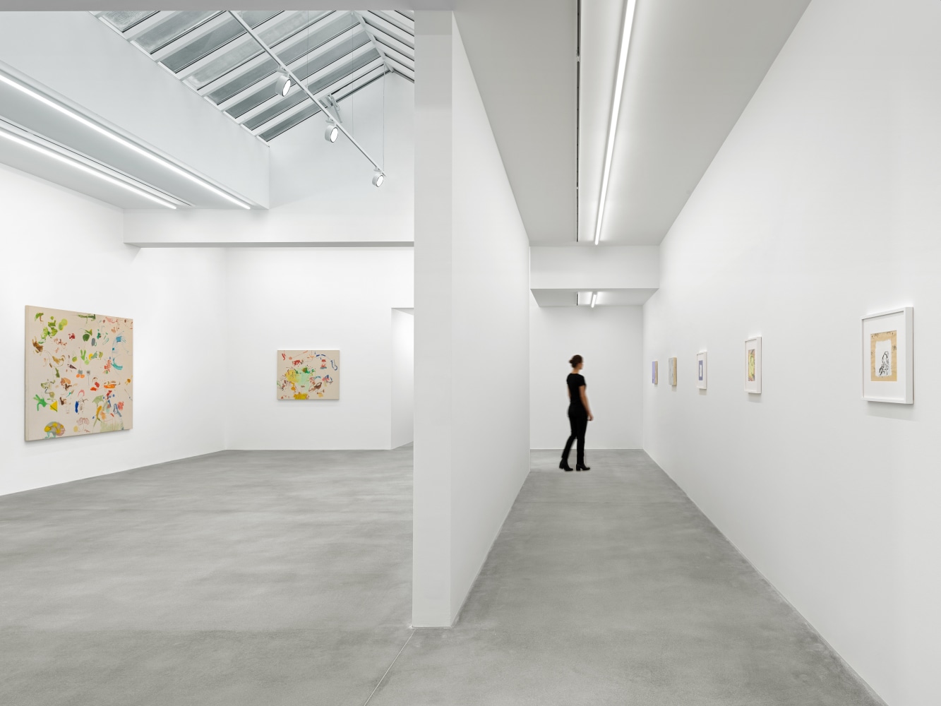 Installation view of Sue Williams painting and collage exhibition