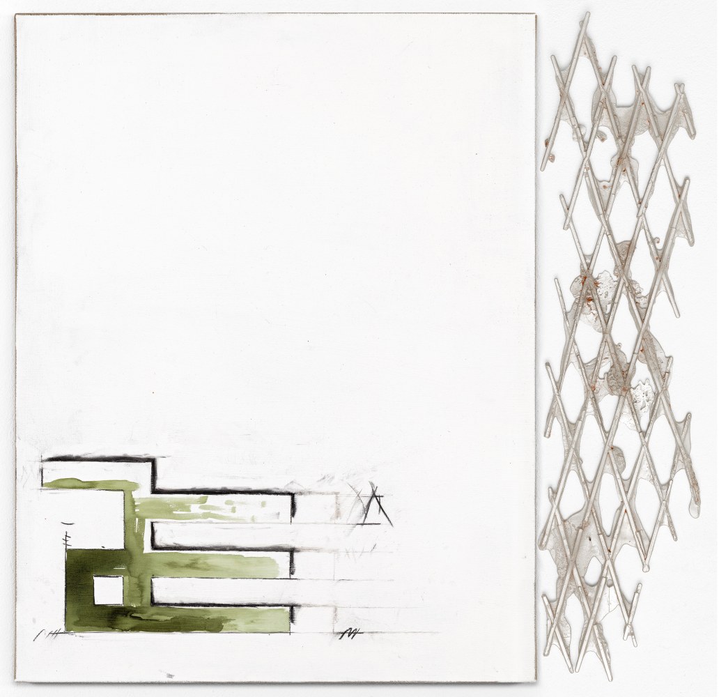 ABSTRACT IS NOT AN EIGHT LETTER WORD

2025

Painting: Charcoal and ink on gesso on canvas

Object: Sand cast pewter

90 x 70 cm / 35 3/8 x 27 1/2 in

Object 92 x 23 x 2 cm / 36 1/4 x 9 x 3/4 in

&amp;copy; Matias Faldbakken