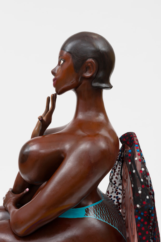 Heroine inspired by the fantasy of Saartjie Bartmann in Paris 1

2023

3D printed PLA, epoxy resin, oil primer, acrylic, steel and MDF stand

(Figures), 3D printed PLA, epoxy resin, MDF, oil primer, acrylic (Chair)

Sculpture 155.5 x 66 x 89 cm / 61 1/4 x 26 x 35 in

Pedestal 5 x 244 x 152 cm / 2 x 96 1/8 x 59 7/8 in

&amp;copy; Tschabalala Self&amp;nbsp;