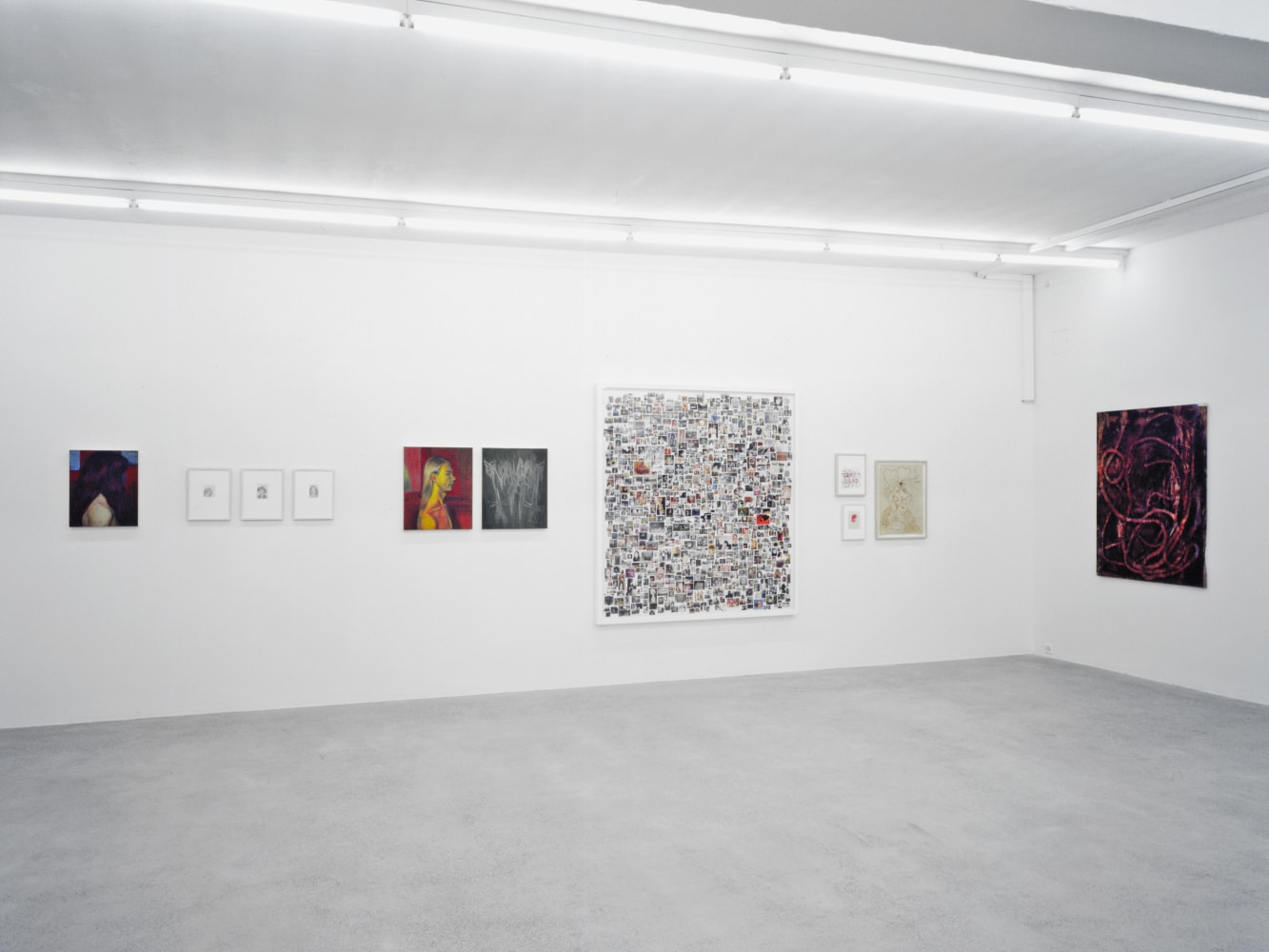 Installation view of Steven Shearer paintings, drawings, printed works, and sculpture exhibition