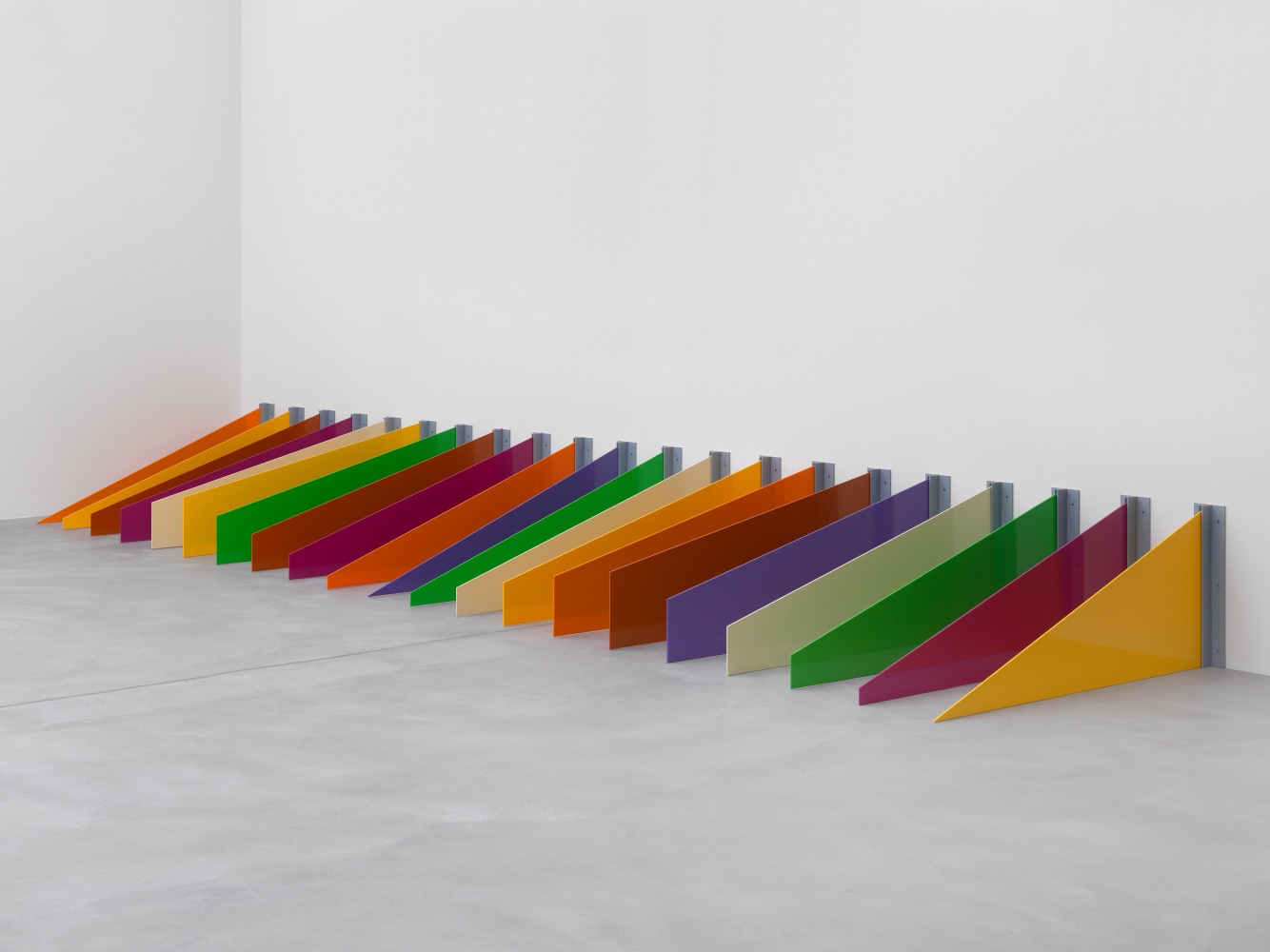 Floor installation by Liam Gillick, A view constructed once they had stopped... 2011 Powder coated aluminum; 21 parts Installation dimension 50 x 120 x 545.5 cm / 19 5/8 x 47 1/4 x 214 3/4 in