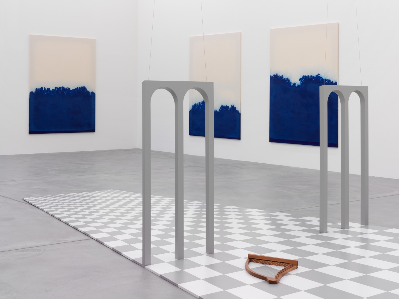 Installation view of paintings and sculptures by Latifa Echakhch