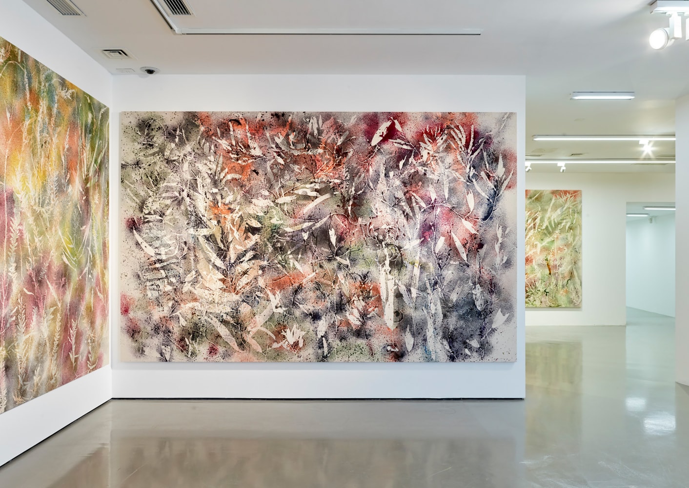 Installation view of paintings by Sam Falls