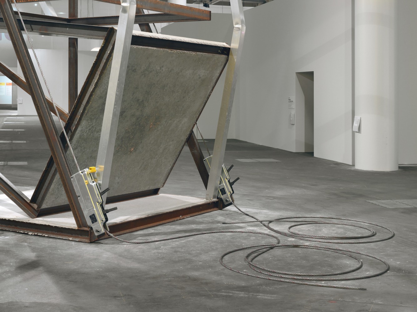 Installation view of sculpture by Oscar Tuazon