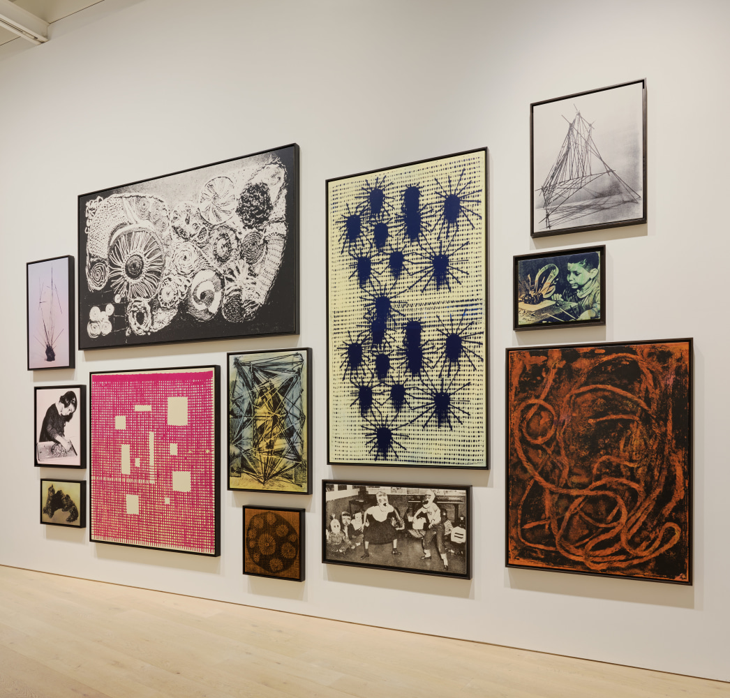 Installation view of sculptures, screen prints, paintings and drawings by Steven Shearer