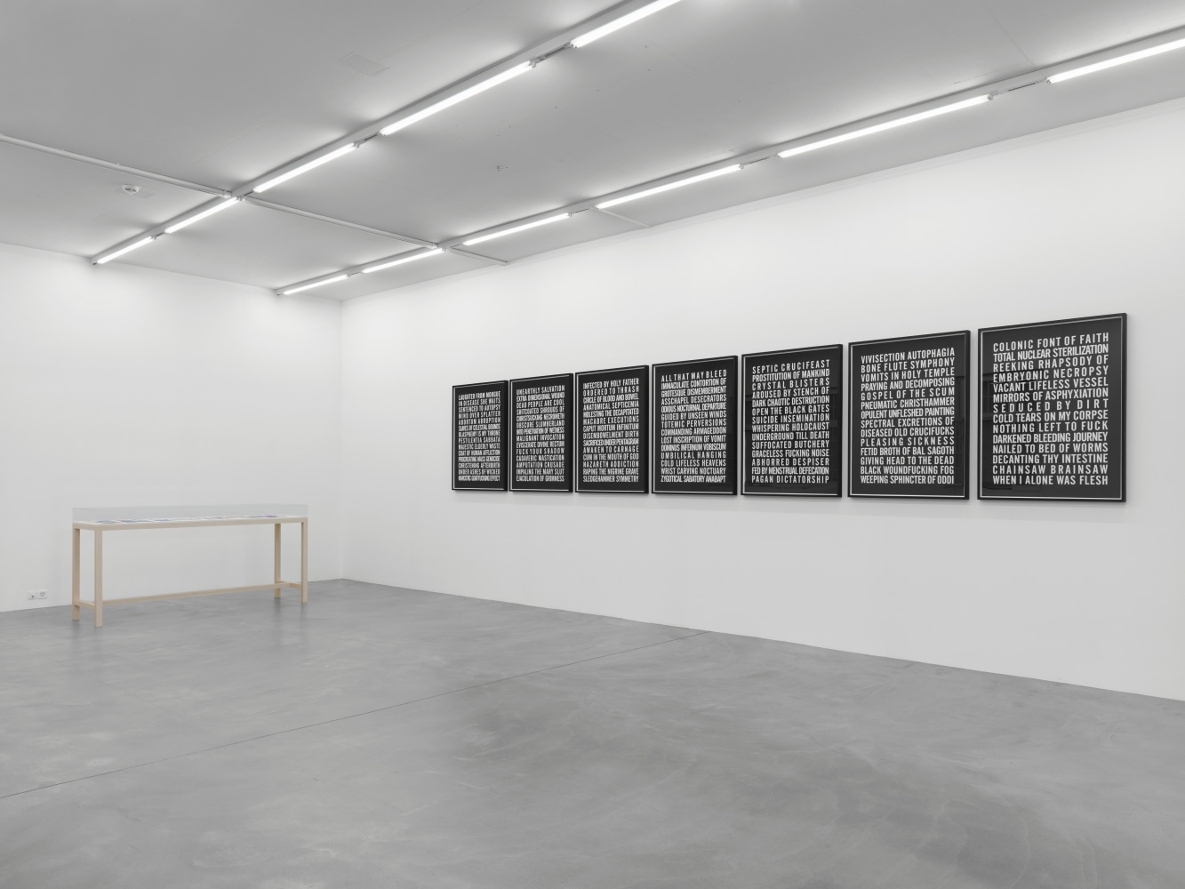 Installation view of Steven Shearer paintings, drawings, and printed works exhibition