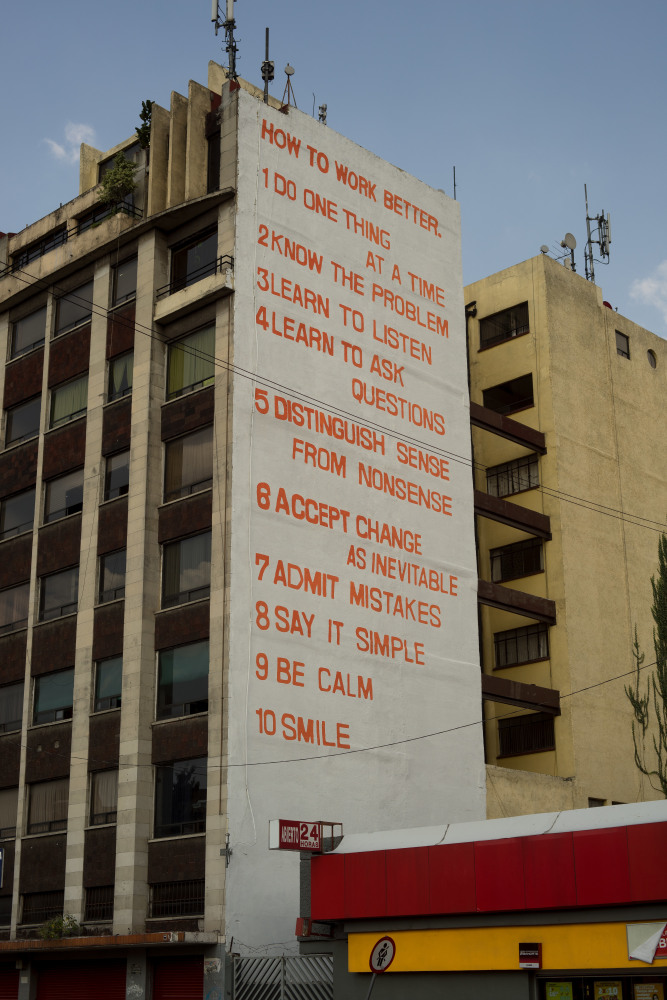 Peter Fischli David Weiss, How to work better, 1991, Acrylic paint on wall, Ed. 2/3 + 2 AP, Approx. 1200 x 600 cm / 472 1/2 x 236 1/4 in