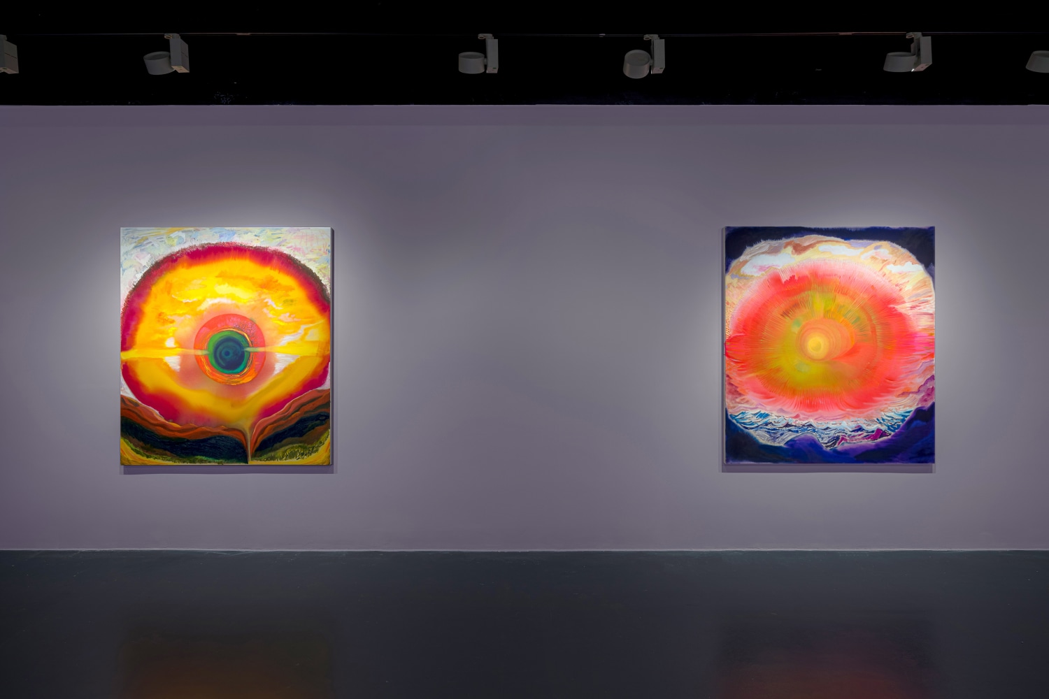 Installation view of Shara Hughes paintings exhibition