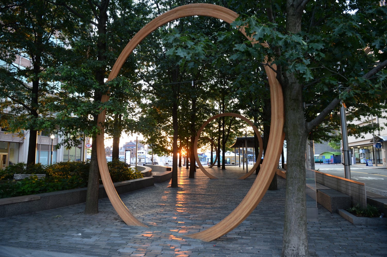 Outdoor view of sculptures by Oscar Tuazon