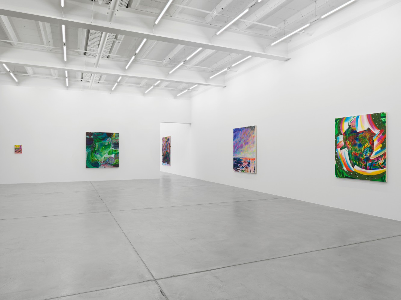 Installation view of Shara Hughes paintings exhibition