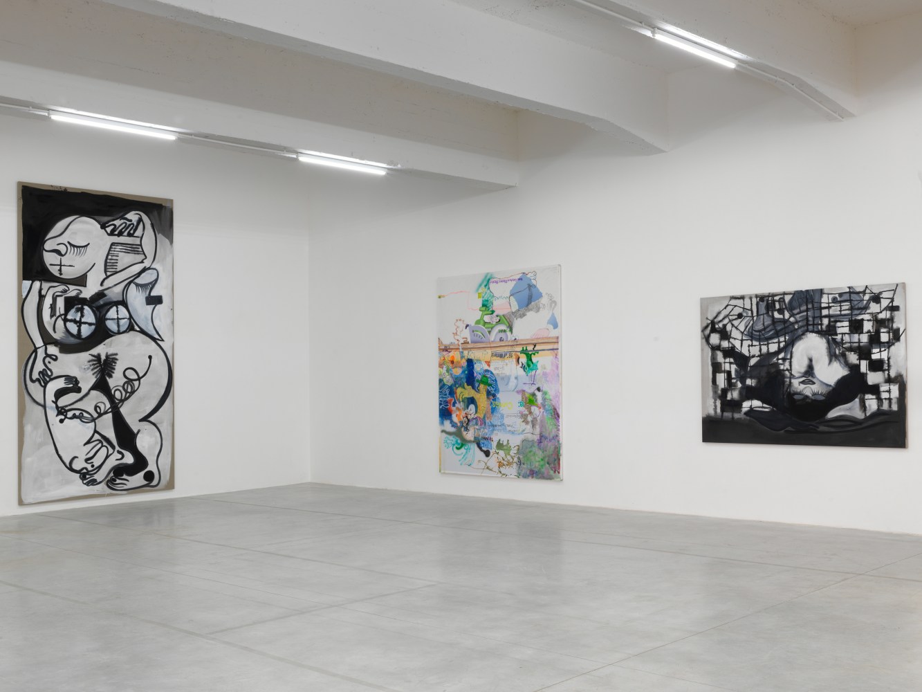 Installation view of paintings by Tobias Pils and Michael Williams