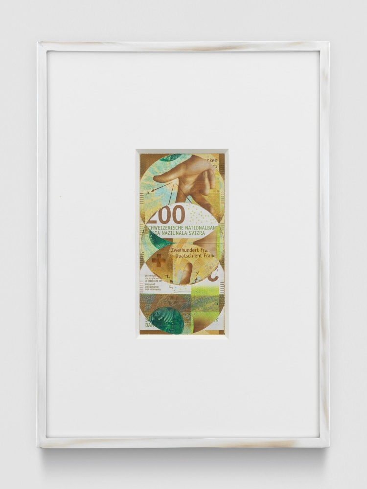 Blind Collage (Three 180&amp;ordm; Rotations, Swiss National Bank Two-Hundred-Franc Note: Series 2018, Issued by Banque Nationale Suisse, Printed in Z&amp;uuml;rich, Switzerland by Orell F&amp;uuml;ssli Security Printing Ltd., Designed by Manuela Pfrunder GMBH, Serial No. 16J1588686, #1)

2021

Swiss National Bank two-hundred-franc note, tape, and 22 karat gold leaf

Object 7 x 15 cm / 2 3/4 x 6 inches

Frame 24 x 32.5 x 4 cm / 9 1/2 x 12 7/8 x 1 5/8 inches

BESHT48264