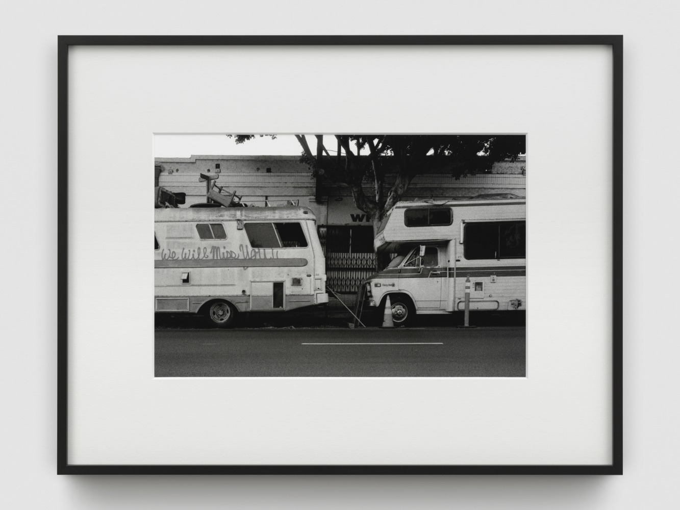 Black and white photograph of mobile homes by Walead Beshty